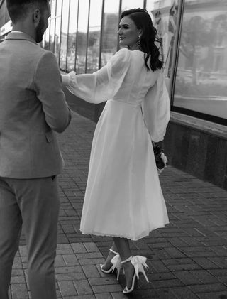 Carol | Women's Elegant White Midi Wedding Dress with Puff Sleeves and A-Line Silhouette