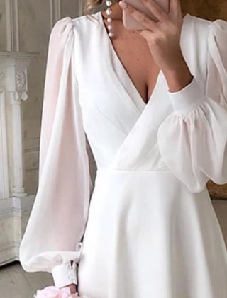 Carol | Women's Elegant White Midi Wedding Dress with Puff Sleeves and A-Line Silhouette