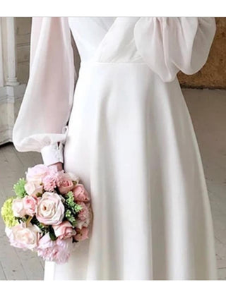 Carol | Women's Elegant White Midi Wedding Dress with Puff Sleeves and A-Line Silhouette