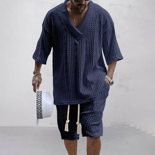Theo | Men’s Two-Piece Knitted Leisure Set with V-Neck Collar Top and Matching Shorts