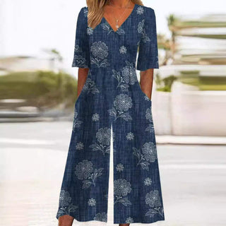 Vina | Women’s Boho Print V-Neck Jumpsuit with Half Sleeves, Pockets, and Straight-Leg Trousers