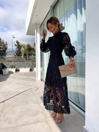 Cara | Women's Lace Midi Dress with High Stand Collar and Hollow-Out Lace Details