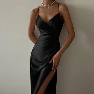 Winslet | Women’s Satin Evening Dress with Spaghetti Straps and High Side Slit