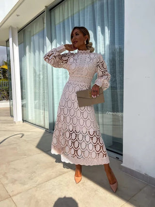 Cara | Women's Lace Midi Dress with High Stand Collar and Hollow-Out Lace Details