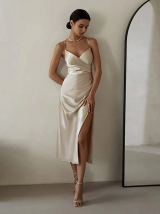 Winslet | Women’s Satin Evening Dress with Spaghetti Straps and High Side Slit
