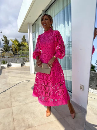 Cara | Women's Lace Midi Dress with High Stand Collar and Hollow-Out Lace Details