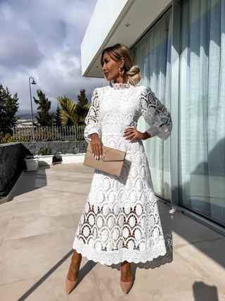 Cara | Women's Lace Midi Dress with High Stand Collar and Hollow-Out Lace Details