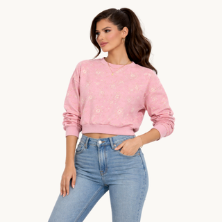 Floral Print Crew Neck Cropped Sweatshirt