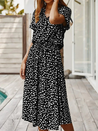 Galina | Polka Dot Midi Dress for Women with Short Sleeves and Tie-Waist V-Neck