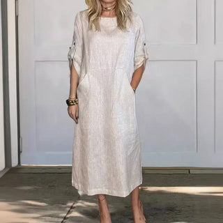 Madison | Women's Short Sleeve Linen Blend Midi Dress with Pockets