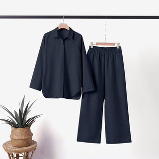 Claramae | Women’s Long-Sleeve Button-Up Shirt and High-Waisted Wide-Leg Pants Set