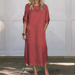 Madison | Women's Short Sleeve Linen Blend Midi Dress with Pockets