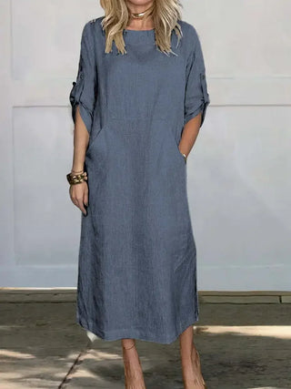 Madison | Women's Short Sleeve Linen Blend Midi Dress with Pockets