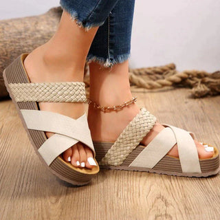 Deanne | Women’s Cork Flat Platform Sandals with Woven Crisscross Strap Design