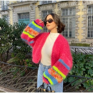 Georgina | Colorful Fuzzy Oversized Patchwork Knit Cardigan with Puff Sleeves for Women