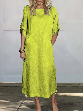 Madison | Women's Short Sleeve Linen Blend Midi Dress with Pockets