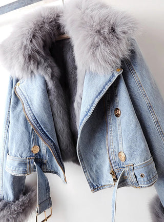 Thalassa | Women’s Cropped Denim Jacket with Shaggy Fur Collar