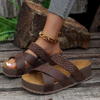 Deanne | Women’s Cork Flat Platform Sandals with Woven Crisscross Strap Design