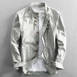 Adrian | Men’s Elegant Band Collar Button-Up Shirt with Modern Japanese Design