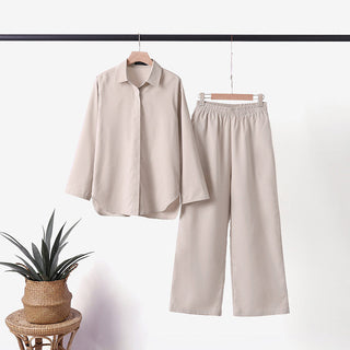 Claramae | Women’s Long-Sleeve Button-Up Shirt and High-Waisted Wide-Leg Pants Set