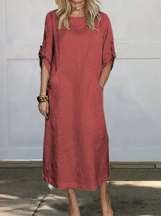 Madison | Women's Short Sleeve Linen Blend Midi Dress with Pockets