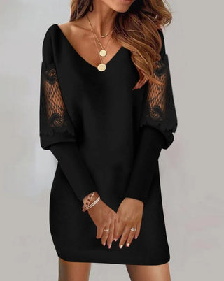 Marielle | Elegant V-Neck Mini Dress for Women with Sheer Mesh Sleeves and Floral Lace Detail