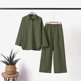 Claramae | Women’s Long-Sleeve Button-Up Shirt and High-Waisted Wide-Leg Pants Set
