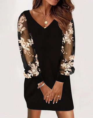 Marielle | Elegant V-Neck Mini Dress for Women with Sheer Mesh Sleeves and Floral Lace Detail