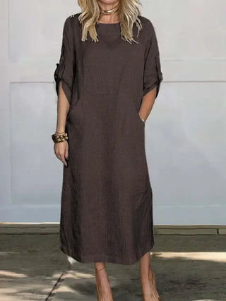 Madison | Women's Short Sleeve Linen Blend Midi Dress with Pockets