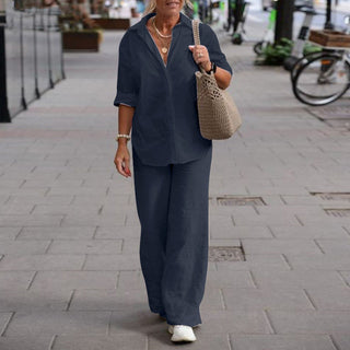 Claramae | Women’s Long-Sleeve Button-Up Shirt and High-Waisted Wide-Leg Pants Set