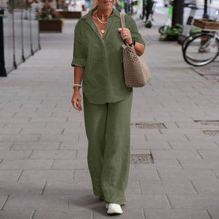 Claramae | Women’s Long-Sleeve Button-Up Shirt and High-Waisted Wide-Leg Pants Set