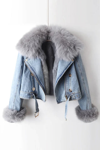 Thalassa | Women’s Cropped Denim Jacket with Shaggy Fur Collar