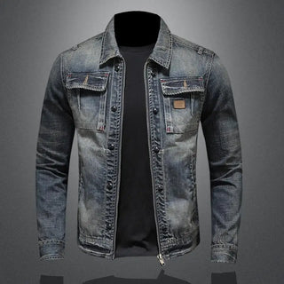 Carl | Men’s Slim-Fit Vintage Wash Denim Jacket with Zipper and Button Closure