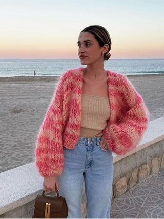 Georgina | Colorful Fuzzy Oversized Patchwork Knit Cardigan with Puff Sleeves for Women