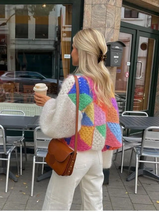 Georgina | Colorful Fuzzy Oversized Patchwork Knit Cardigan with Puff Sleeves for Women