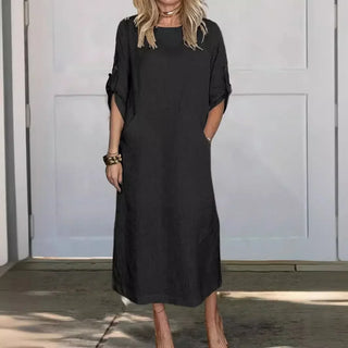 Madison | Women's Short Sleeve Linen Blend Midi Dress with Pockets