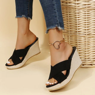 Women’s Open-Toe Wedge Sandals with Cross-Strap Upper and Woven Espadrille-Style Heel