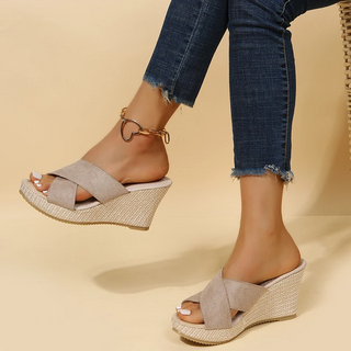 Women’s Open-Toe Wedge Sandals with Cross-Strap Upper and Woven Espadrille-Style Heel