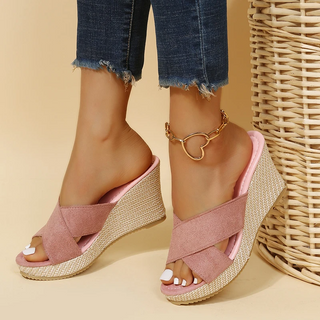 Women’s Open-Toe Wedge Sandals with Cross-Strap Upper and Woven Espadrille-Style Heel