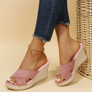 Women’s Open-Toe Wedge Sandals with Cross-Strap Upper and Woven Espadrille-Style Heel
