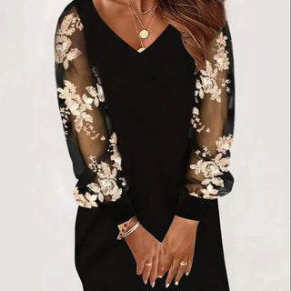 Marielle | Elegant V-Neck Mini Dress for Women with Sheer Mesh Sleeves and Floral Lace Detail