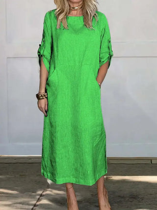 Madison | Women's Short Sleeve Linen Blend Midi Dress with Pockets
