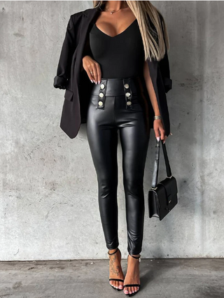 Madielle | Women’s High-Waisted Leather Pants with Notched Waistline and Sleek Modern Fit