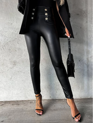 Madielle | Women’s High-Waisted Leather Pants with Notched Waistline and Sleek Modern Fit