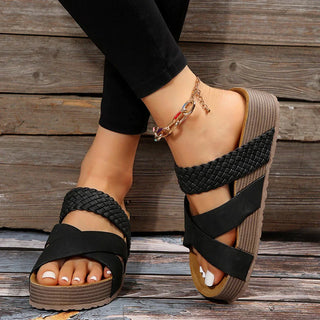 Deanne | Women’s Cork Flat Platform Sandals with Woven Crisscross Strap Design