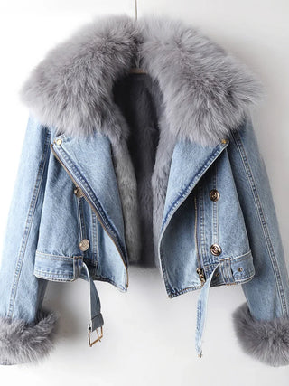 Thalassa | Women’s Cropped Denim Jacket with Shaggy Fur Collar