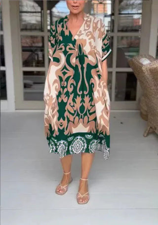 Andres | Women's Flowy Baroque Print V-Neck Dress with Short Sleeves