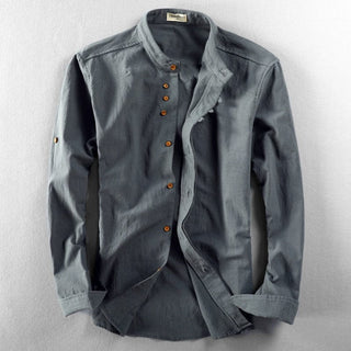 Adrian | Men’s Elegant Band Collar Button-Up Shirt with Modern Japanese Design