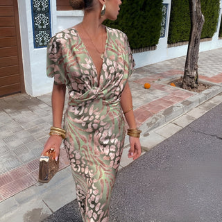Shenna | Women’s Elegant Leopard Dress with Twisted V-neck