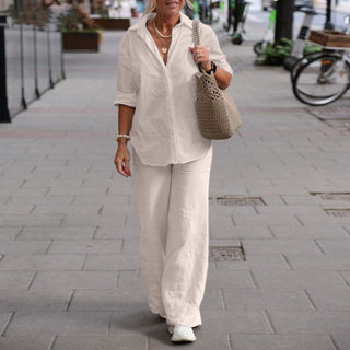 Claramae | Women’s Long-Sleeve Button-Up Shirt and High-Waisted Wide-Leg Pants Set
